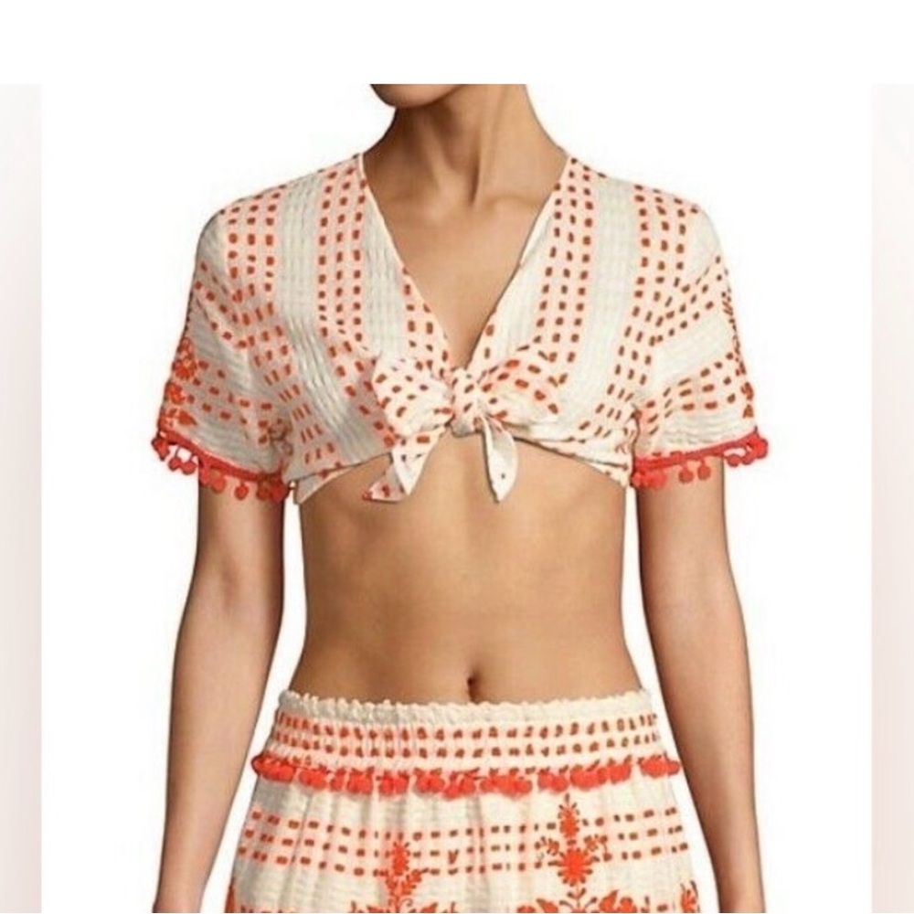 Tessora Women’s Cream and Orange Tie-Front embroidered Crop Top -XS